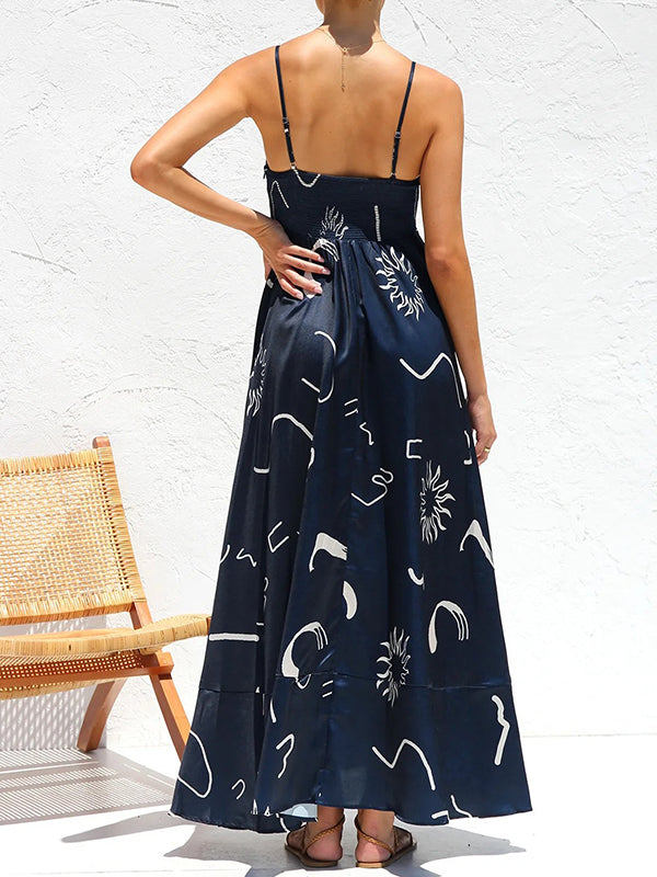 Loose Sleeveless Printed Split-joint Spaghetti-neck Maxi Dresses