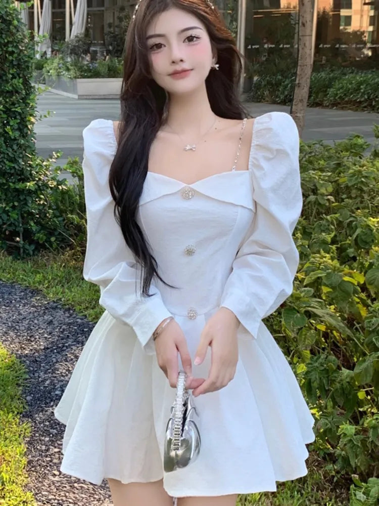 Korean Style Mini Dress Long Sleeve Square Collar Spring High Waist Female Birthday Party Vestidos Mujer
