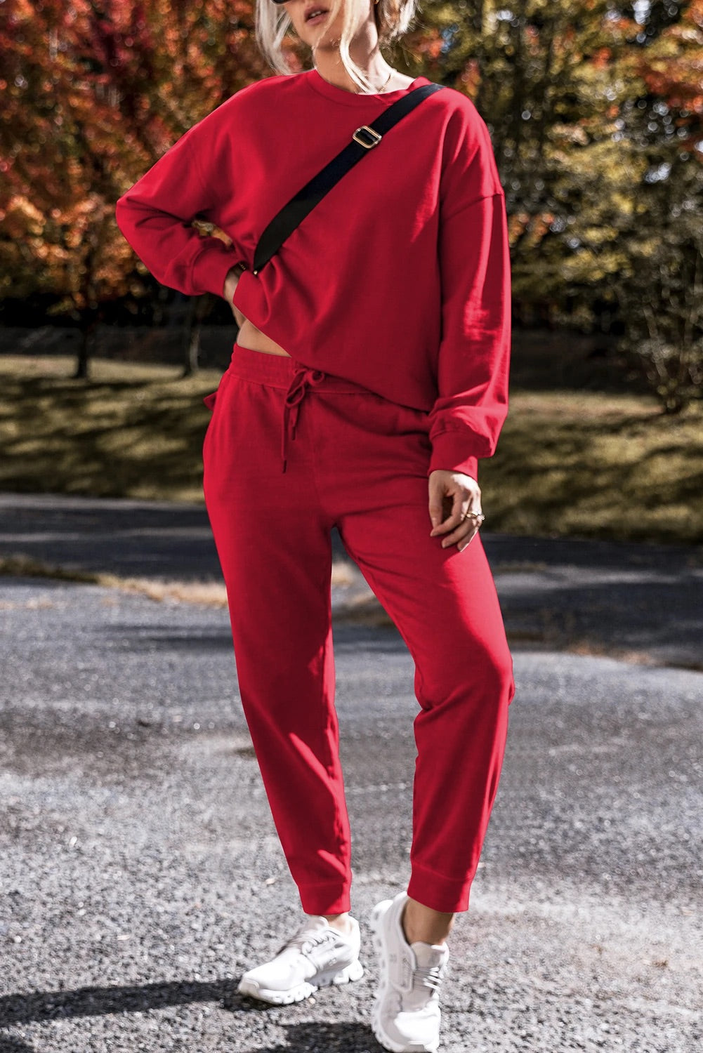Racing Red Color High Low Pullover and Pants Set