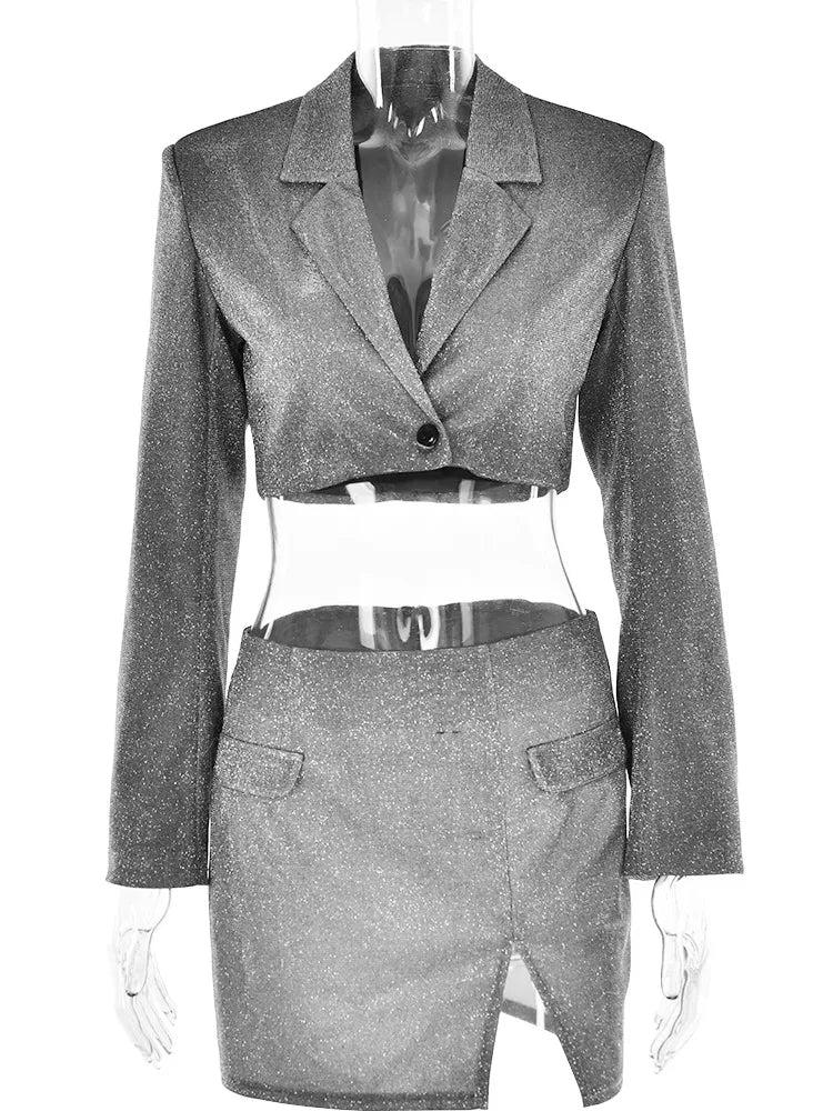 Shiny Double-layer Bandage Slim-fit Suit Suit ’s Pocket Bolero Skirt Skirt ’s Cutaway Collar Coat Top Suit New