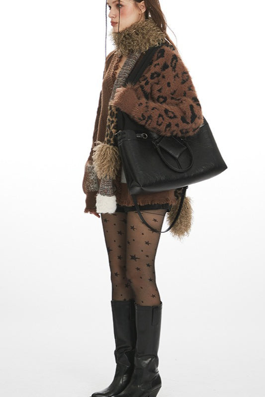 Leopard Print Patchwork V Neck Knit Cardigan