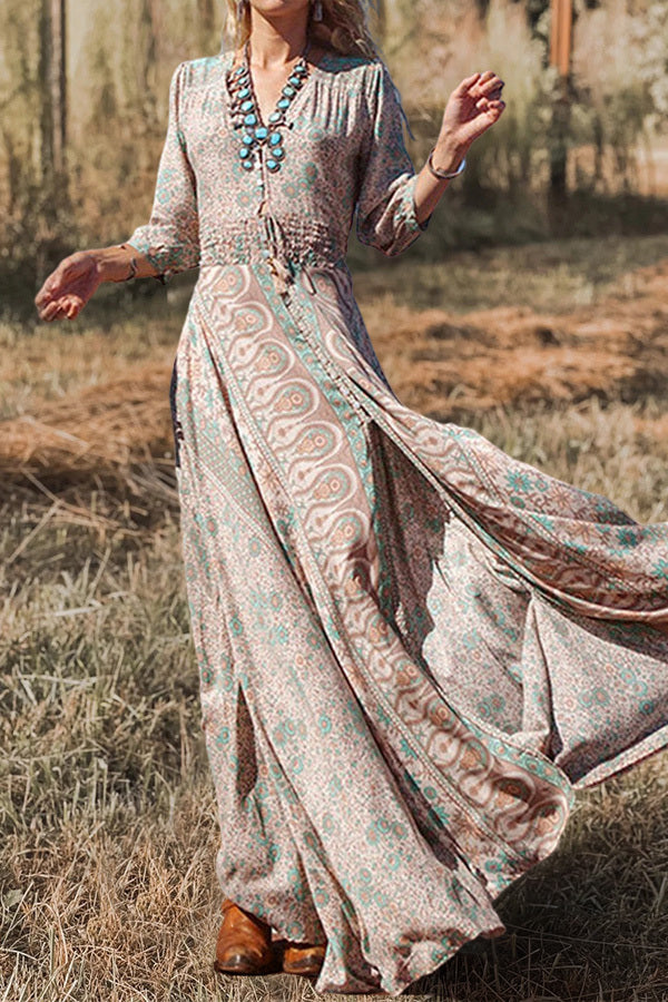 Printed V-neck Long Sleeve Maxi Dress