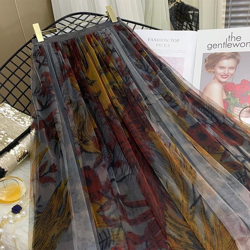 Retro Printed Tulle Skirt