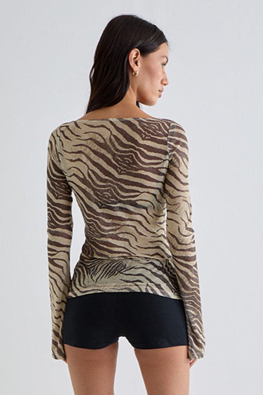Zebra Print Mesh Sheer Flared-sleeve Blouse