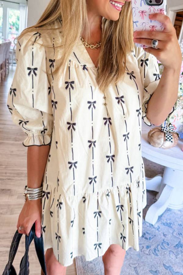 Beige Bowknot Printed Bubble Sleeve V Neck Mini Dress
