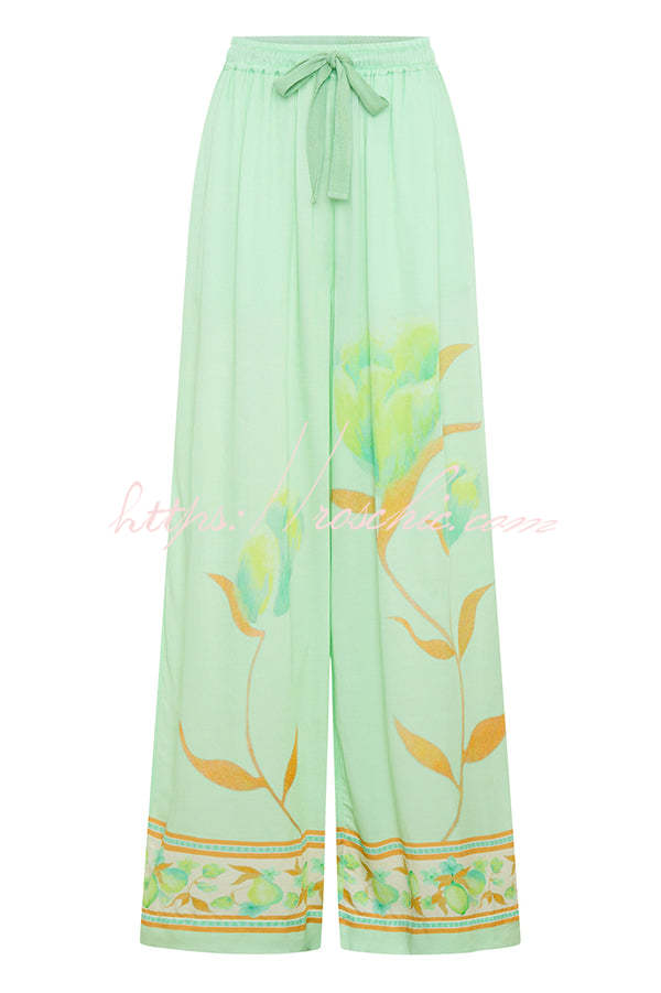 Niah Satin Tulip Print Lapel Short Sleeve Shirt and Elastic Waist Tie Pocket Wide Leg Pants Set