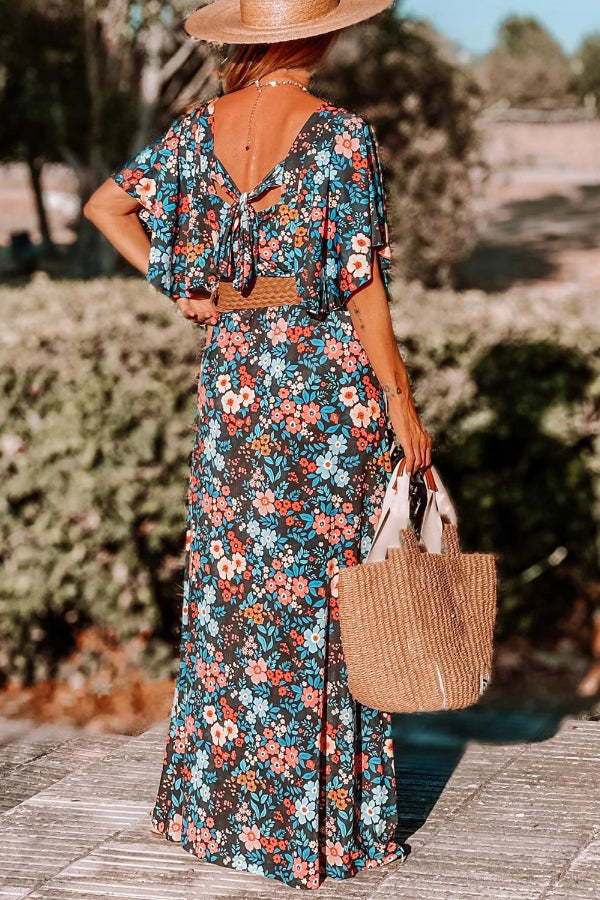 Sky Blue Print Knotted Backless Maxi Dress