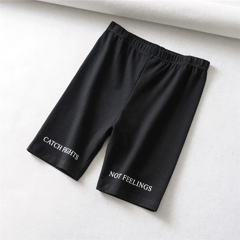 Summer Biker Shorts Elastic Waist Skinny Fitness Korean Letter Print Black Shorts Pantalones Black