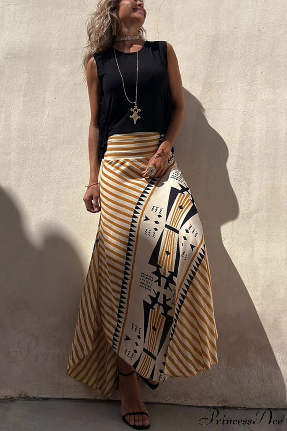 Geometric Print Elastic Charming Waist Maxi Skirt