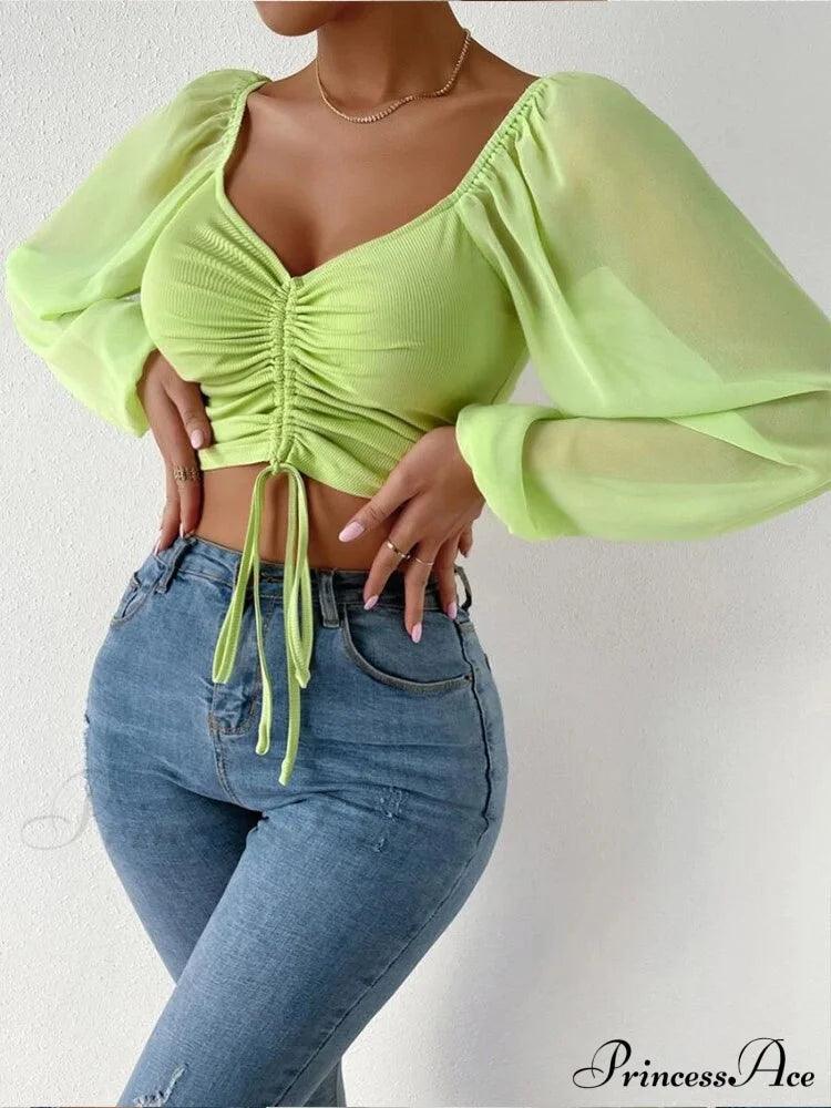 Lantern Sleeve V-neck Blouses