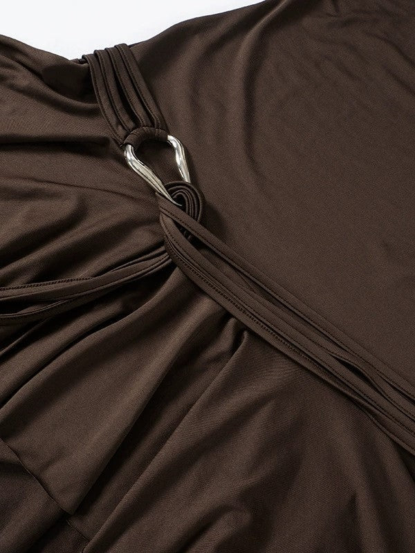 Brown Strapless Ruffle Mini Dress With Strappy Design