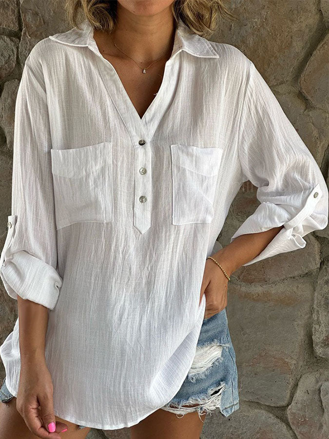 Long Sleeves Buttoned Cotton-linen Blouses