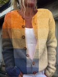 Orange Blue Gradient Plaid Pattern Sunset Abstract Art Buttoned Cardigan Sweater