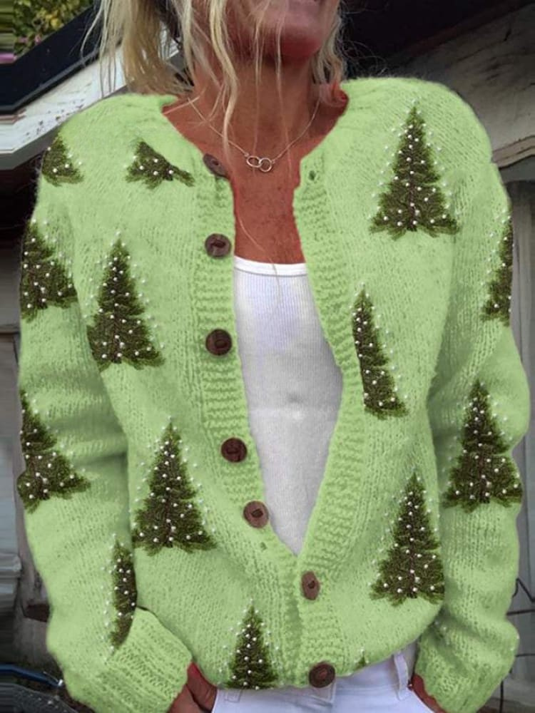 Christmas Tree Art Print Buttoned Cardigan Sweater