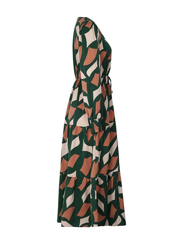 A-line Long Sleeves Buttoned Elasticity Pleated Printed Split-joint Tied Waist V-neck Midi Dresses