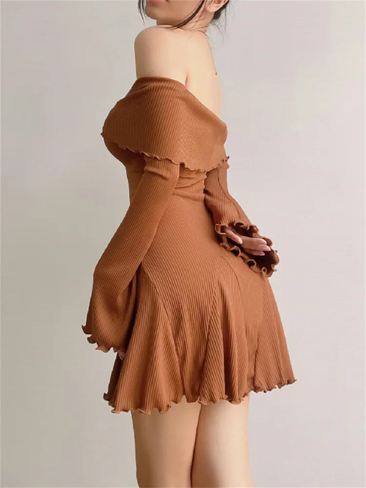 Black Knit Ruffled Mini Dress Patchwork Off-shoulder Loose Slim Ribbed Dress Knitwear Clothes Female Dress