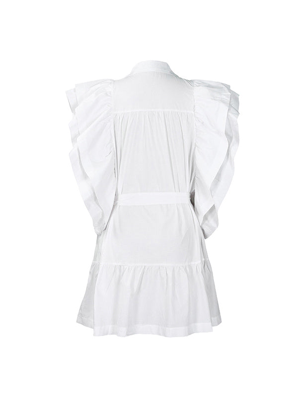 A-line High Waisted Buttoned Pleated Ruffled Color Tied Waist Lapel Mini Dresses