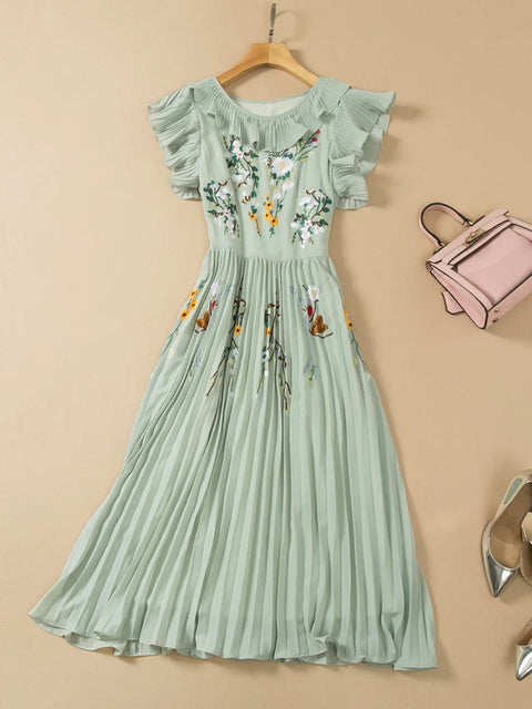 Palm Flying Ruffled Sleeve Pleated Hem Midi Dress