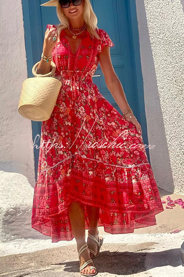 Summer in Greece Print Ruffle Sleeve Elastic Waist High-low Midi Dress