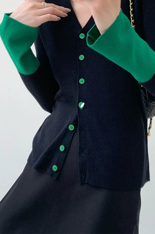Flare Sleeve Colorblock Knit V-neck Cardigan