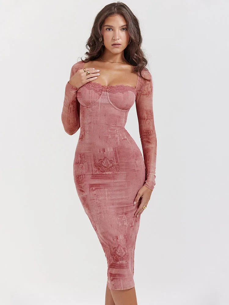 -long Sleeve Printed Dress for , Bodycon Lace Midi Dress, Party Evening Dress, Square Neck, Autumn,