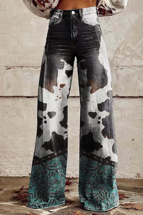 Unique Print Button Pocket Wide Leg Pants