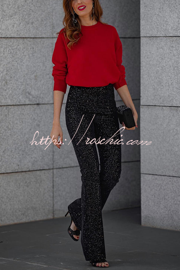 Diva Sequin High Rise Elastic Waist Flare Pants(shipped Within 24 Hours)