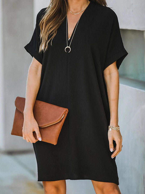 High Waisted Loose Color V-neck Mini Dresses