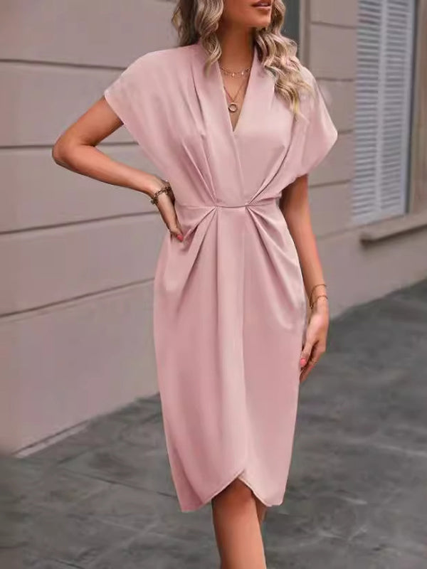 High-low Loose Knot Pleated Color Split-front V-neck Midi Dresses