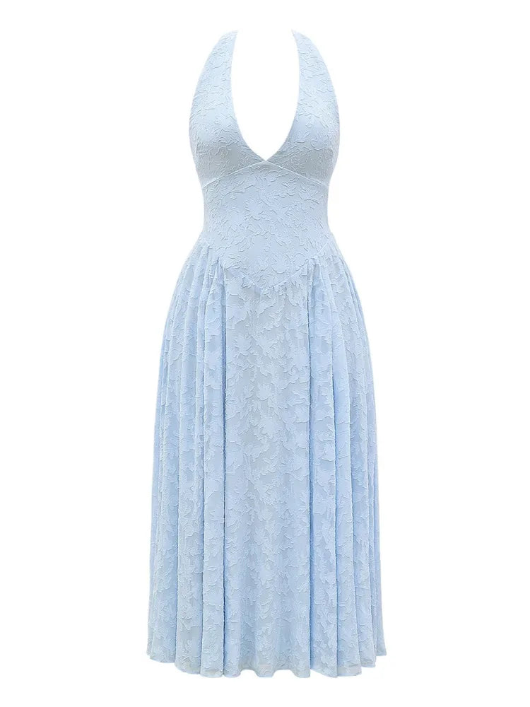 Deep V Neck Halter Madi Dress Sleeveless Backless A-line Loose Pleated Evening Long Dress