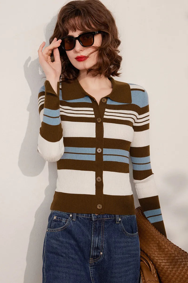Striped Knit Turn-down Collar Cardigan