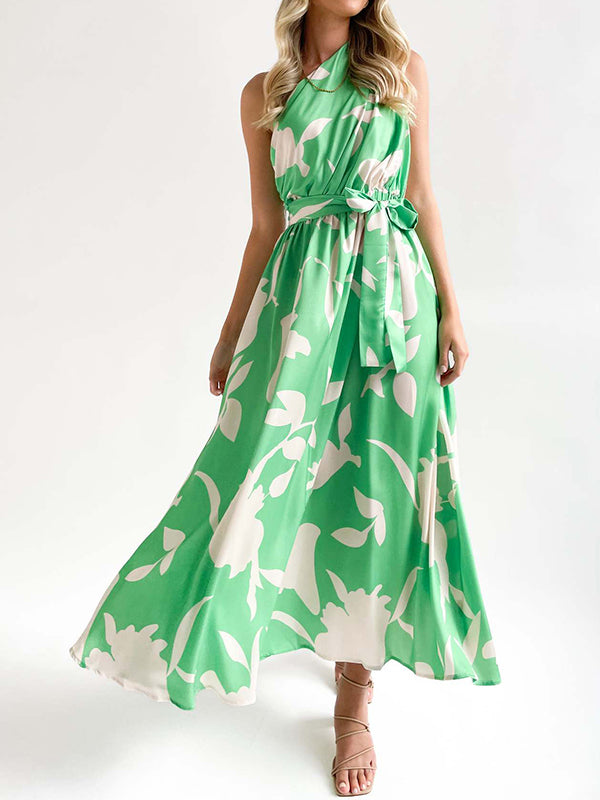 Loose Sleeveless Bandage Contrast Color Hollow Printed One-shoulder Midi Dresses