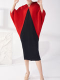 Batwing Sleeves Loose Contrast Color Pleated Round-neck Midi Dresses