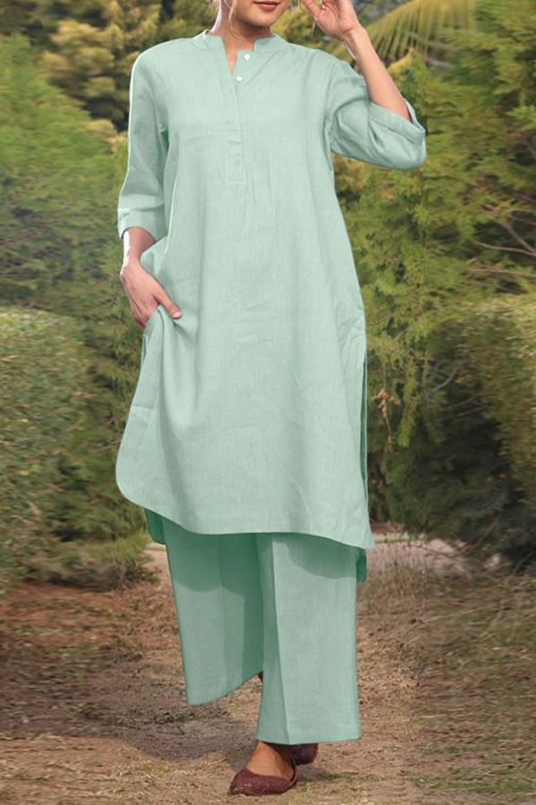 Cotton and Linen V-neck 3/4 Sleeve Wide Brimmed Pants 2-piece Set