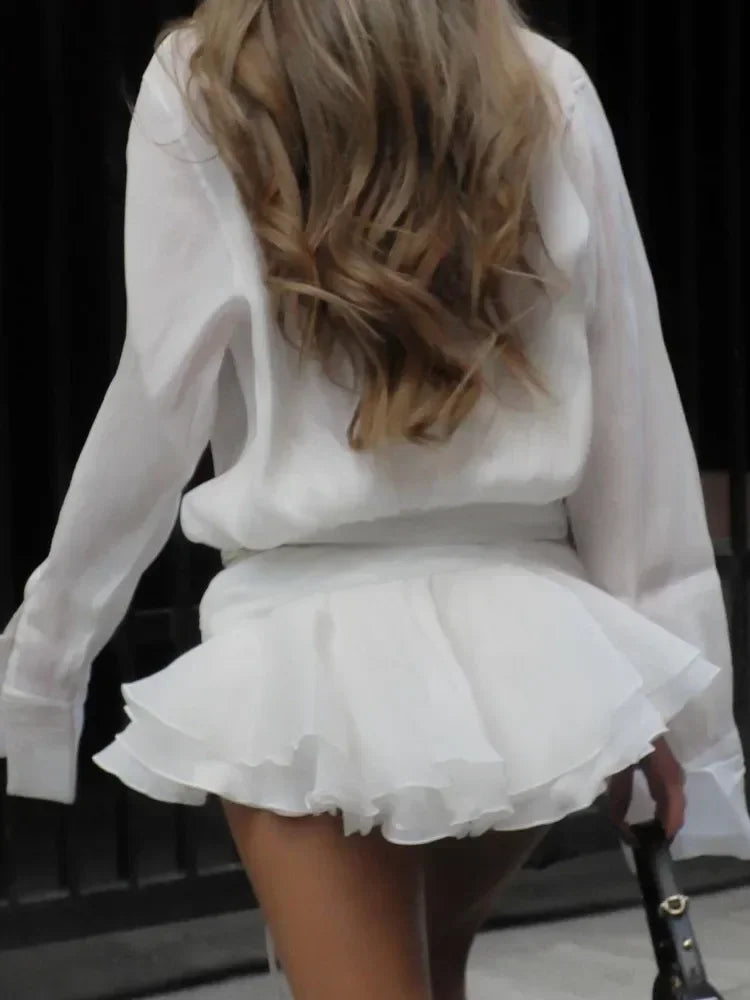 White Chiffon Mini Dress for Loose Oversized Pleated Mini Dress See-through Summer Beach Shirt Dress
