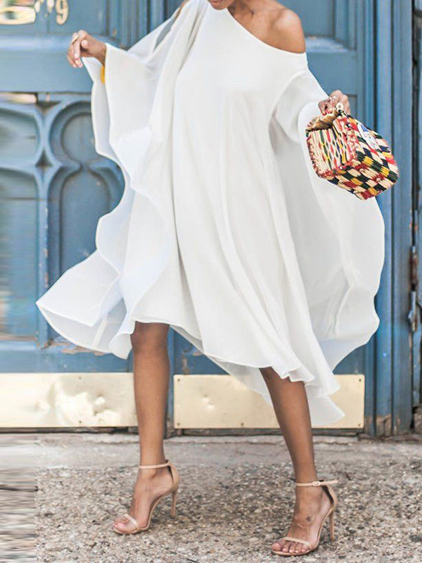 Batwing Sleeves Asymmetric Color Cold Shoulder Midi Dresses