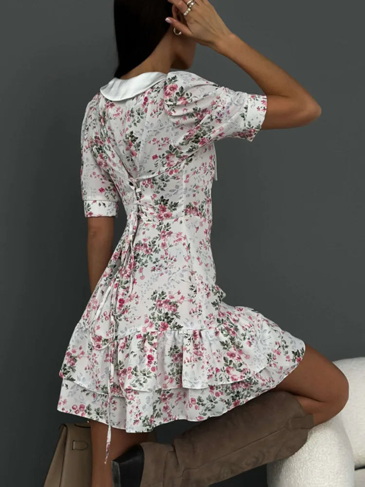 Short Sleeve Mini Dress for Robe Turn-down Collar French Dress High Waist Dresses