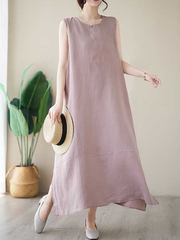 A-line Loose Color Round-neck Midi Dresses