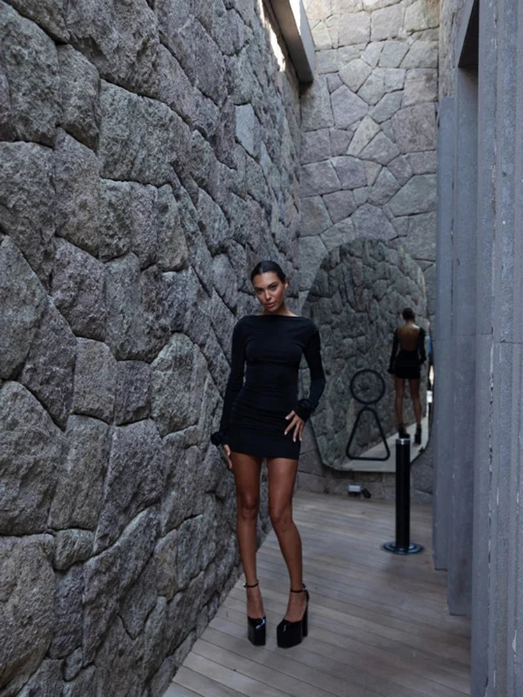Autumn Long Sleeve Tight Dress for Backless Bodycon Mini Dress Fold Female Party Club Evening Dress