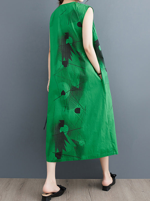 Loose Sleeveless Printed Round-neck Midi Dresses
