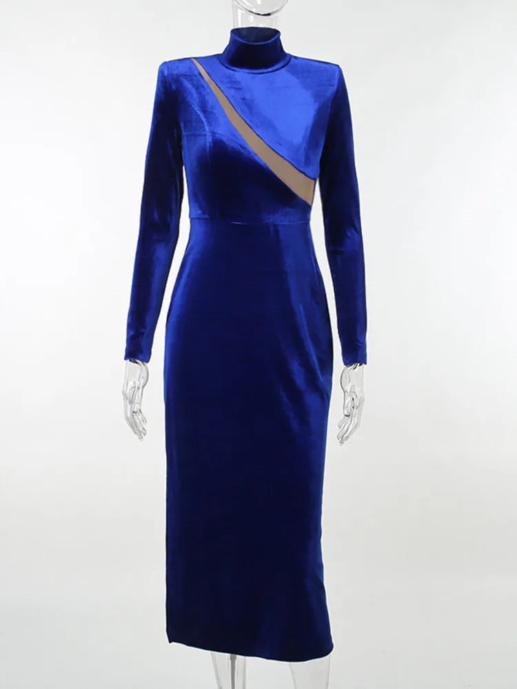 Mesh Patchwork Bodycon Maxi Dress for Blue Autumn Winter New Turtleneck Long Sleeve Split Dress Clothes