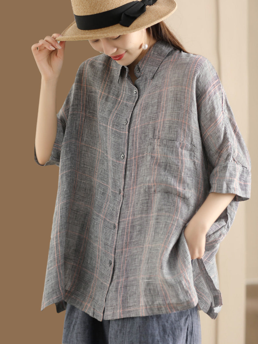 Retro Summer Plaid Linen Button-up Blouse Co1006