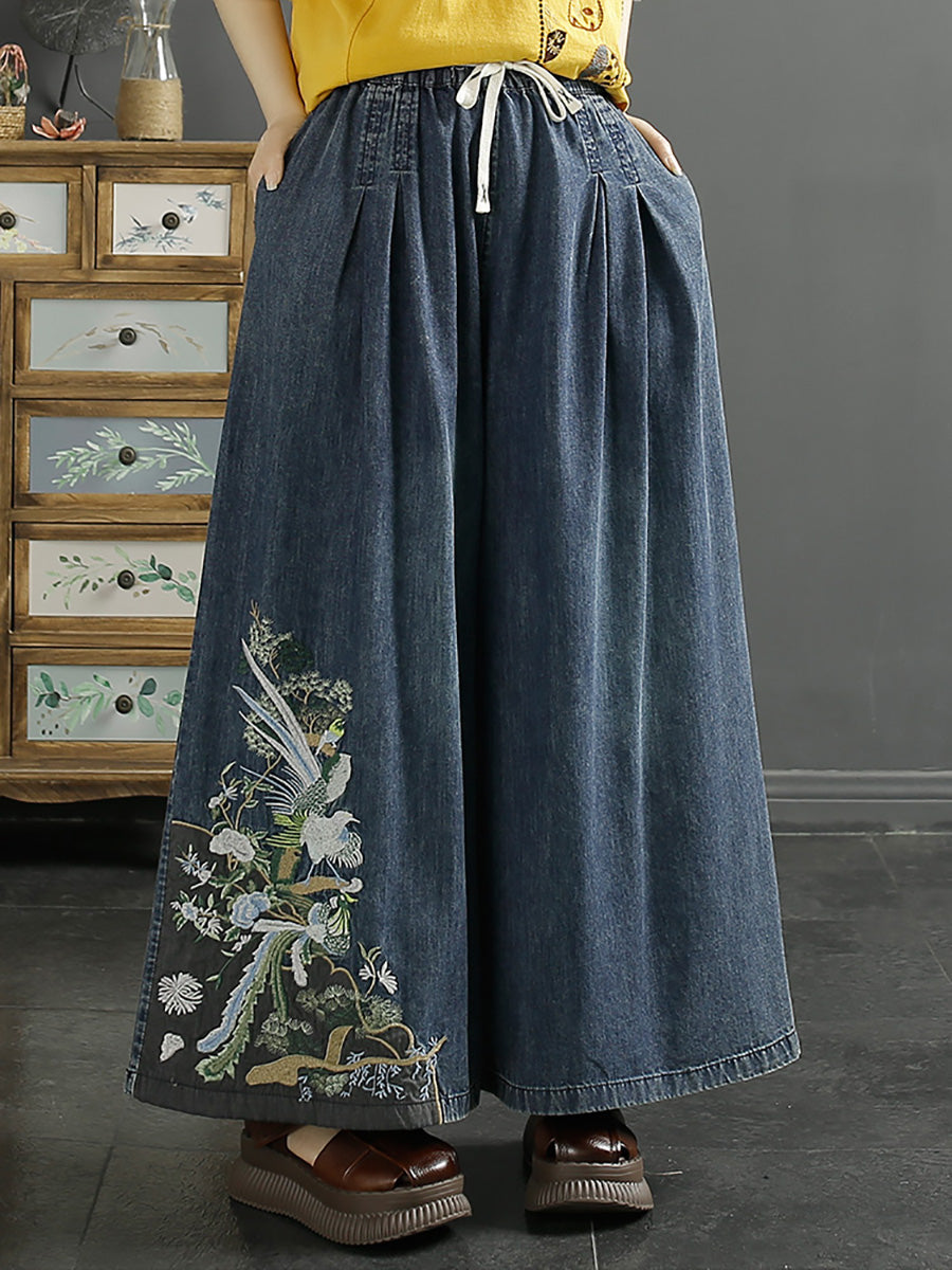 Embroidery Wide-leg Denim Pants Kl1008