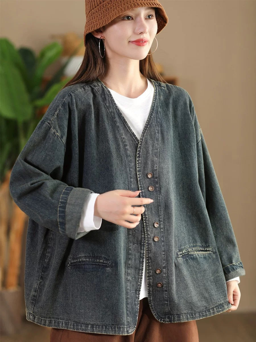Autumn Pure Color V-neck Denim Coat At1039