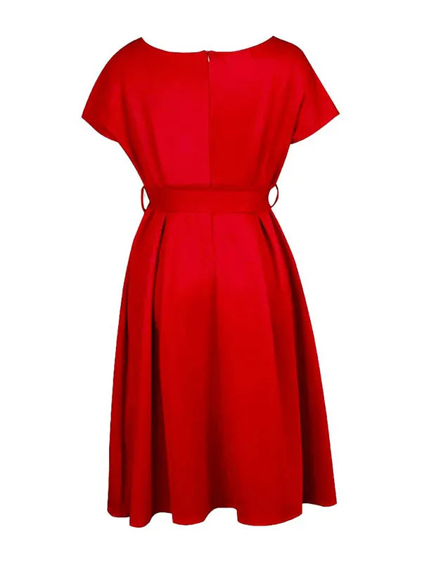 Bowknot Lace-up Color V-neck Midi Dresses