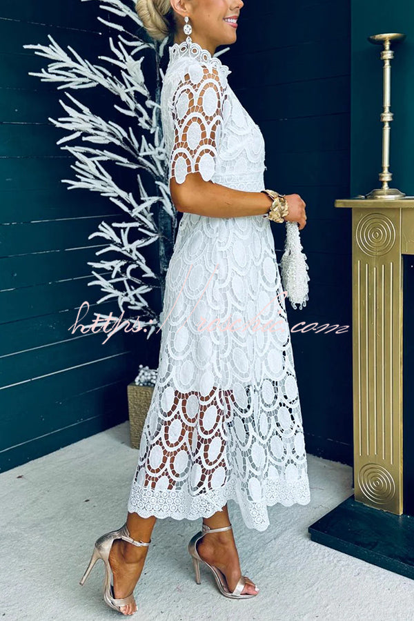 Crocheted Cutout Lace Short-sleeved Stand-collar Midi Dress