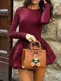 Long Sleeves Skinny Pleated Color Split-joint Round-neck Mini Dresses