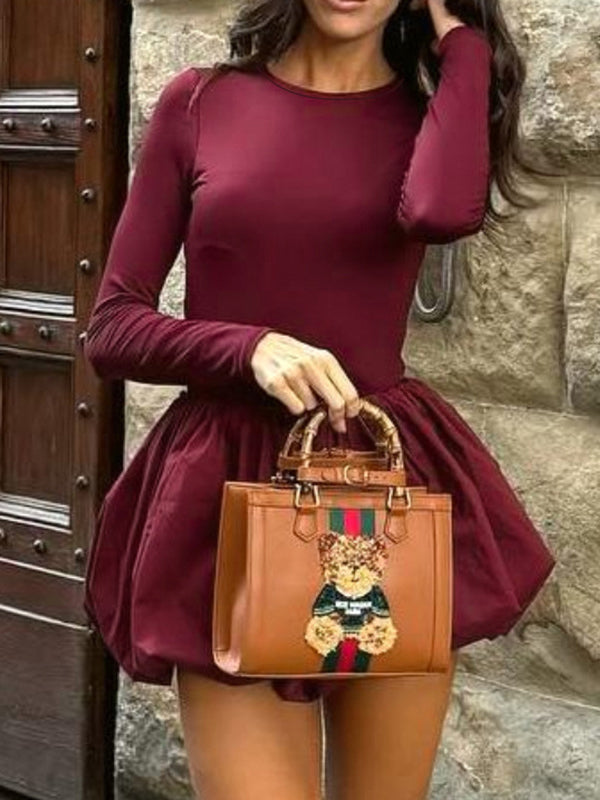 Long Sleeves Skinny Pleated Color Split-joint Round-neck Mini Dresses