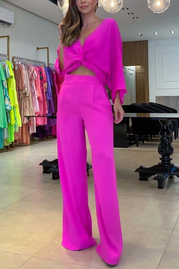 Laguna Resort Kink Shirt and Pocketed Wide Leg Pants Set With Cami Top