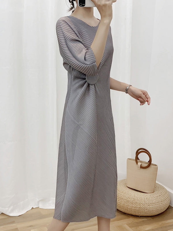 Half Sleeves Irregular Clipping Pleated Color Round-neck Midi Dresses
